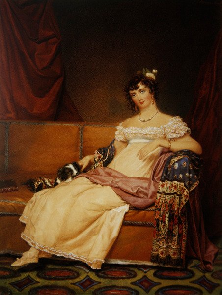 Lady Waterhouse sitter i en soffa med sin spaniel (akvarell på papper) av Samuel John Stump