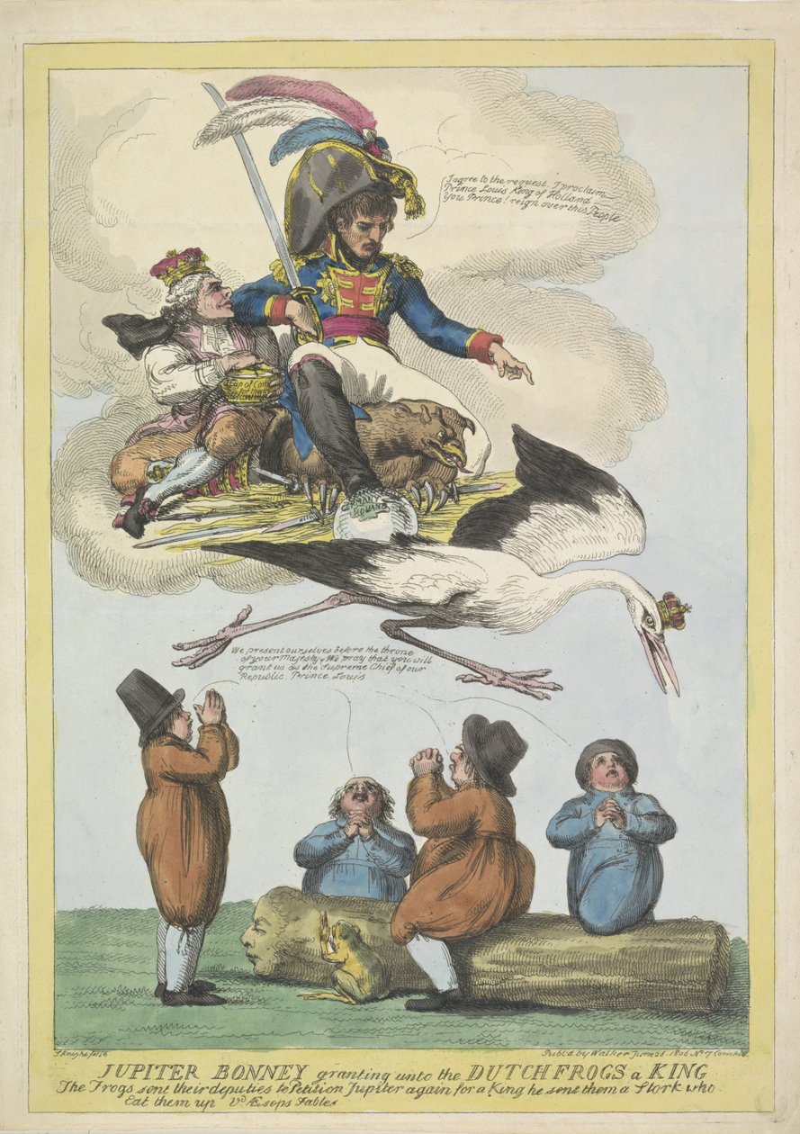 Napoleon skickar Louis Napoleon som kung i form av en stork till Holland, 1806 Jupiter Bonney ger de holländska grodorna en kung (titel på föremål) av Samuel Knight