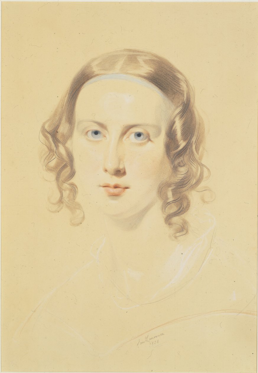 Tidigt porträtt av Catherine Dickens, 1838 (krita, krita och penna på papper) av Samuel Laurence