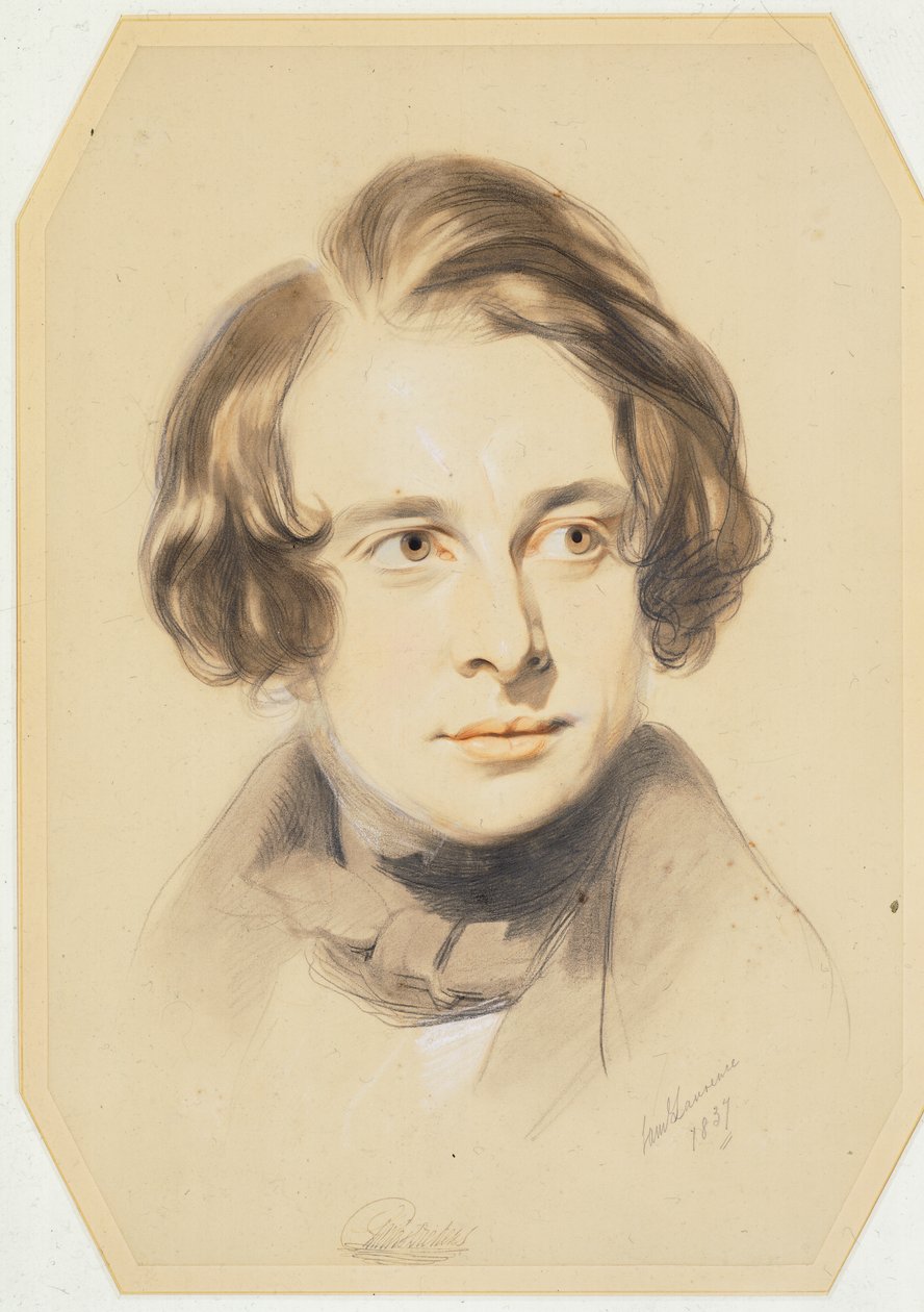 Tidigt porträtt av Charles Dickens, 1837 (krita, krita och penna på papper) av Samuel Laurence