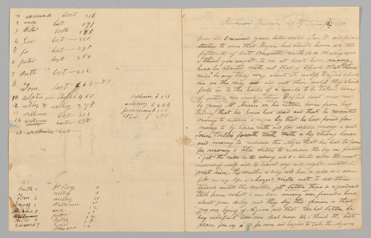 Brev till Giles Saunders från Samuel Fox angående slavhandeln, 14 januari 1847. av Samuel M. Fox