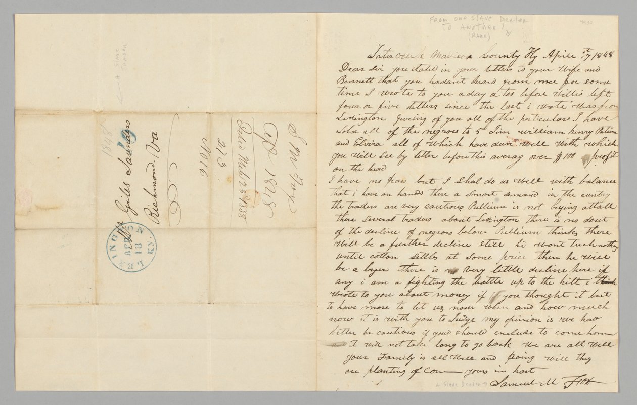 Brev till Giles Saunders från Samuel M. Fox angående slavhandeln, 17 april 1848. av Samuel M. Fox