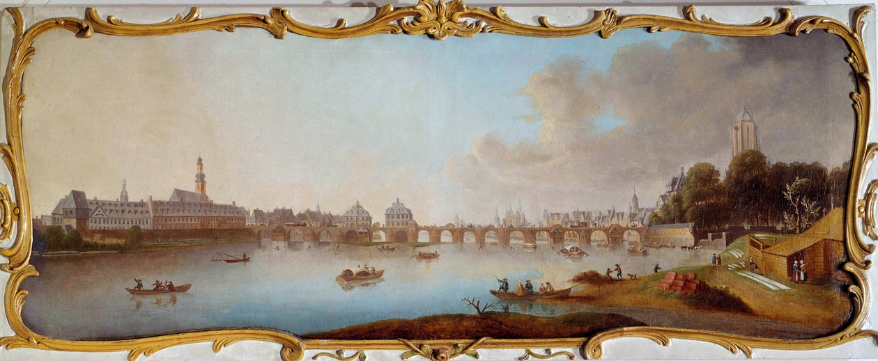 Utsikt över Frankfurt City Panorama från Frankfurt am Main i Tyskland. Målning av Samuel Mund (1724-1794) Frankfurt från 1700-talet, historiskt museum av Samuel Mund