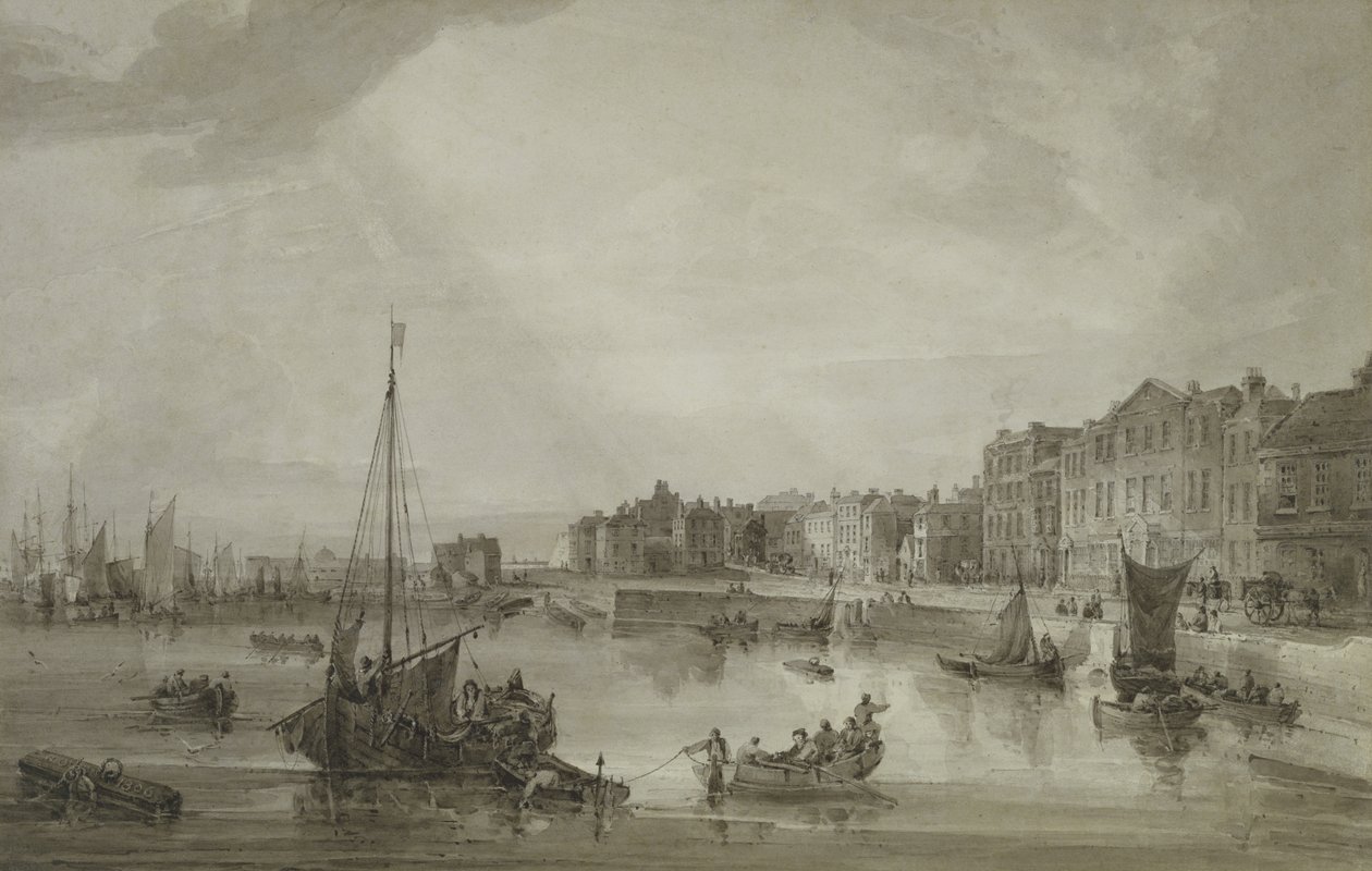 Margate Harbour, 1806 (brun tvätt över grafit) av Samuel Owen
