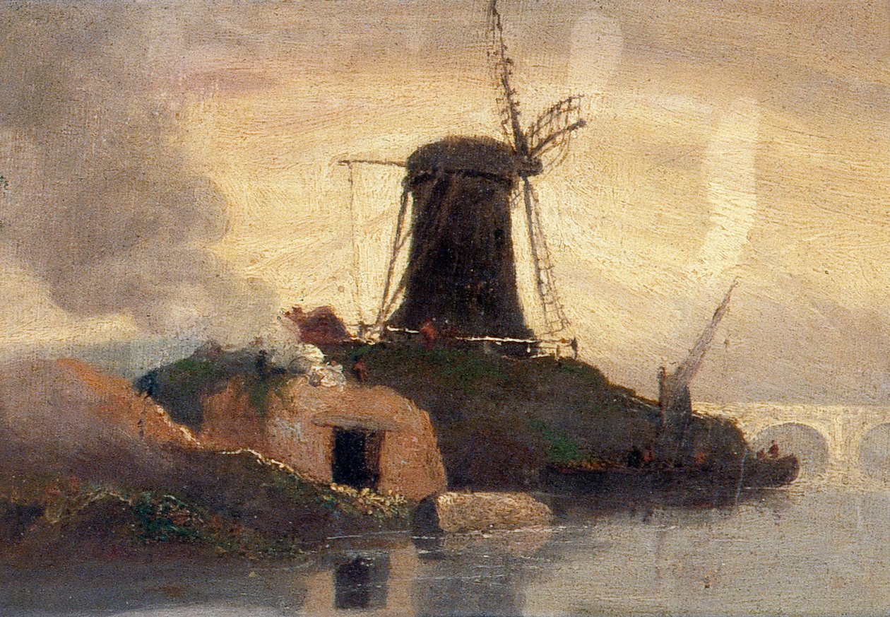 Väderkvarn och tegelugn vid flodstrand (olja på pannå) av Samuel Owen