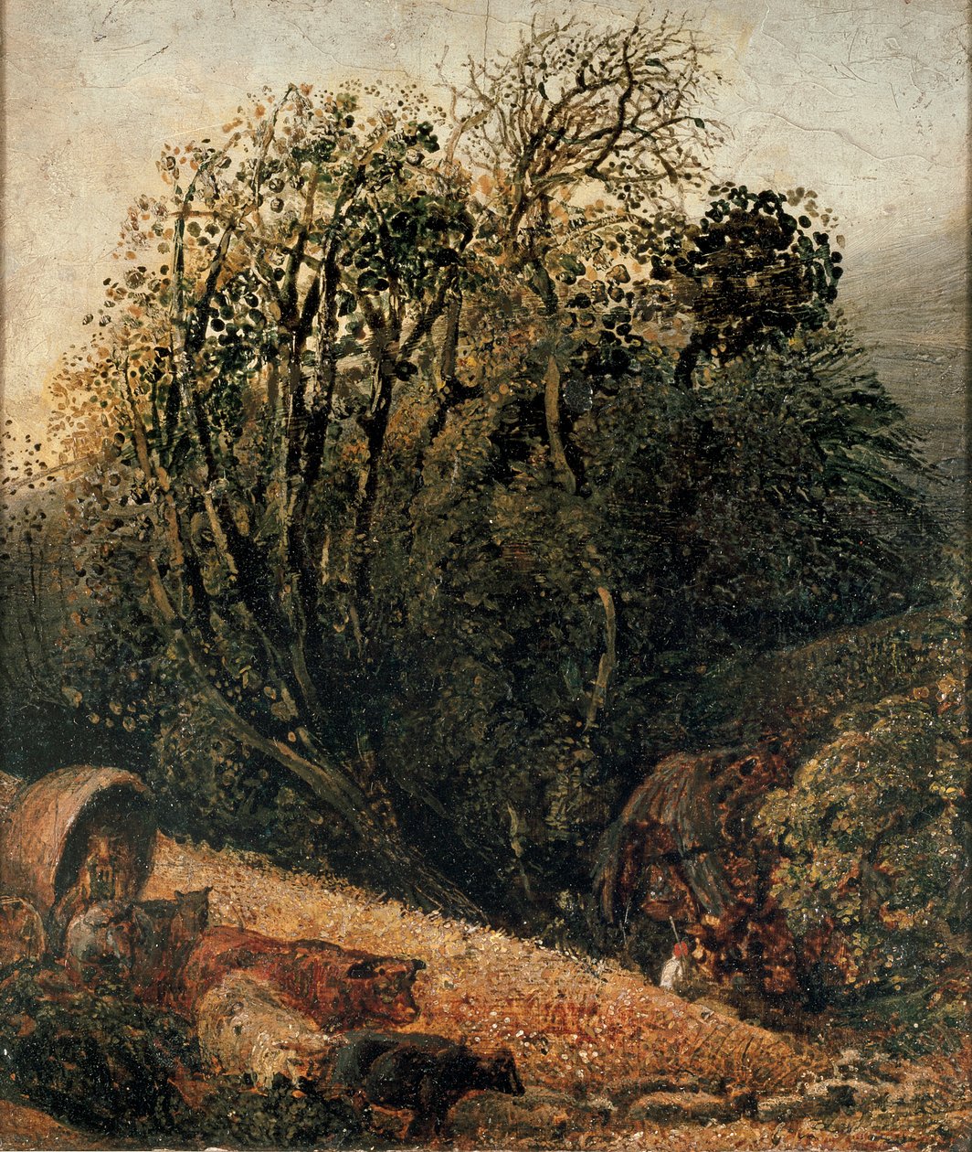 Ett majsfält kantat av träd, c1833-1834 av Samuel Palmer