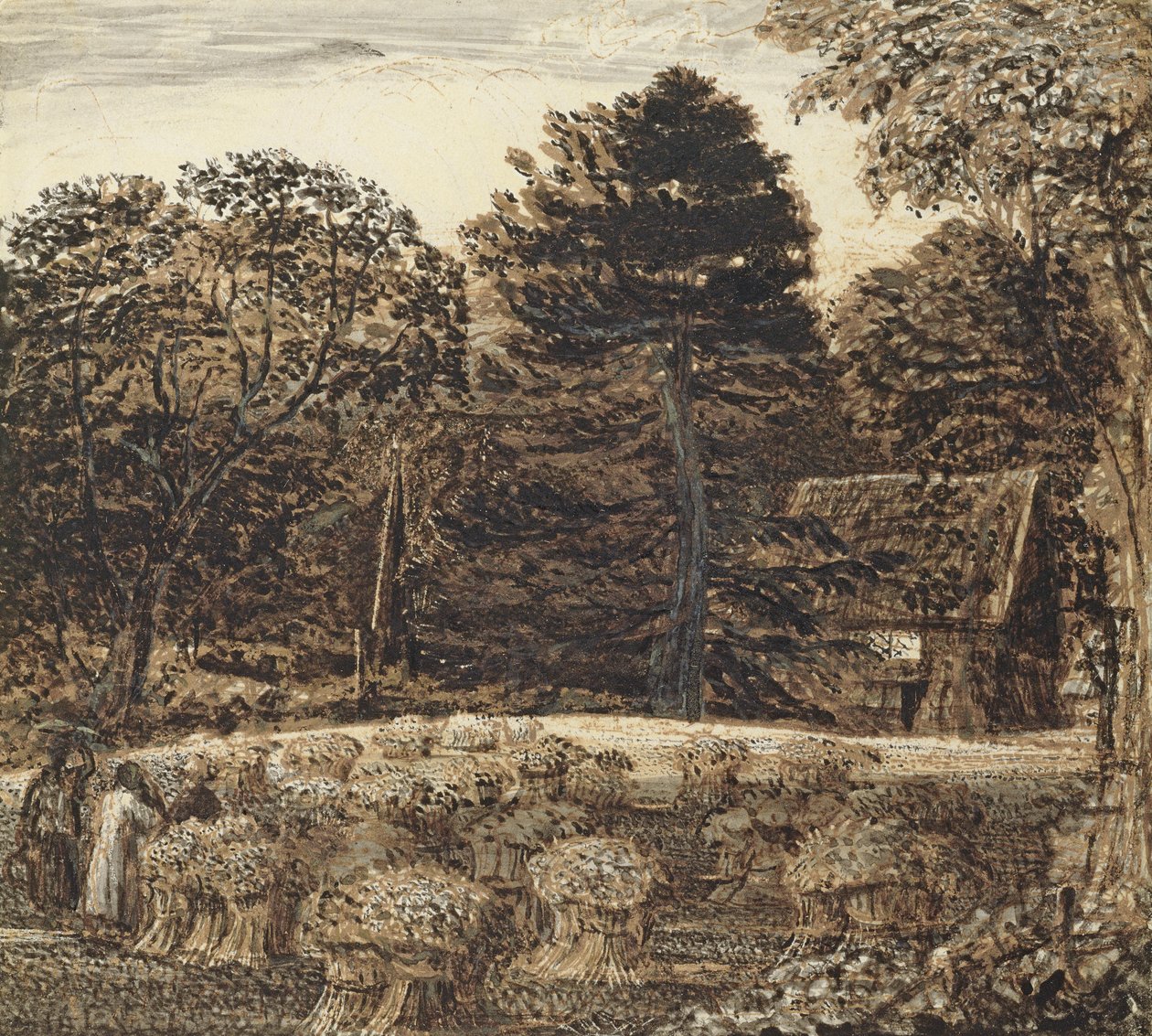 A Cornfield, Shoreham at Twilight (penna och bläck och tvätt på vitt kort) av Samuel Palmer