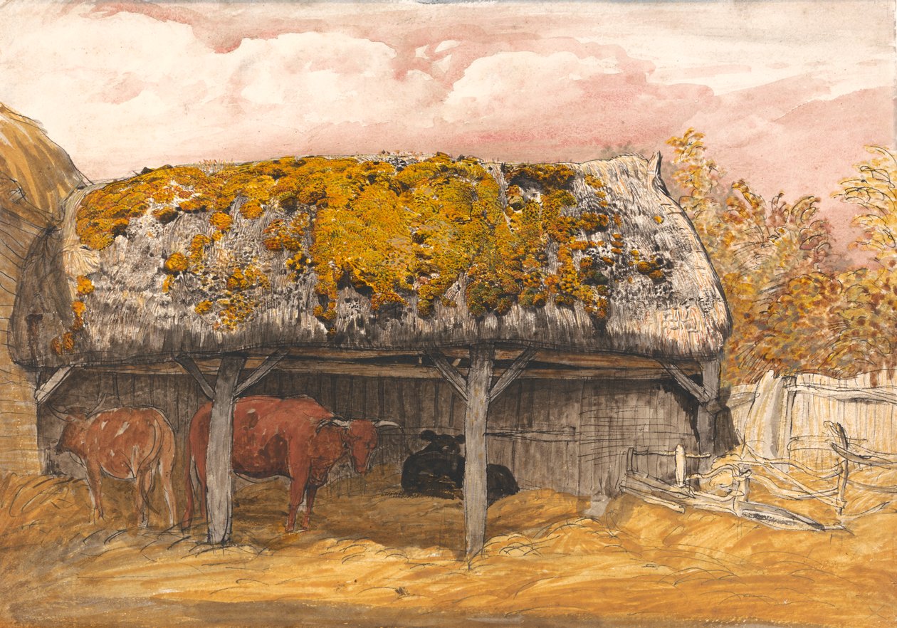 En Cow Lodge med ett mossigt tak av Samuel Palmer