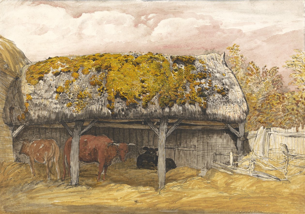 A Cow Lodge with a Mossy Roof, c.1829 (penna och bläck med akvarell och gouache på papper) av Samuel Palmer