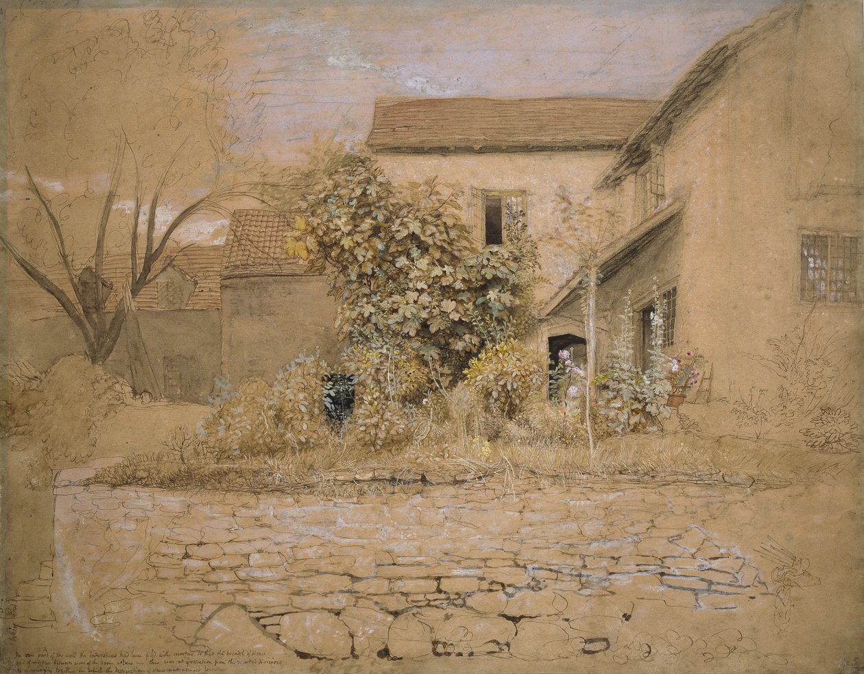 A House and Garden at Tintern, 1835 (penna & bläck, wc & kroppsfärg över grafit & svart krita på rosa gulfärgat papper) av Samuel Palmer