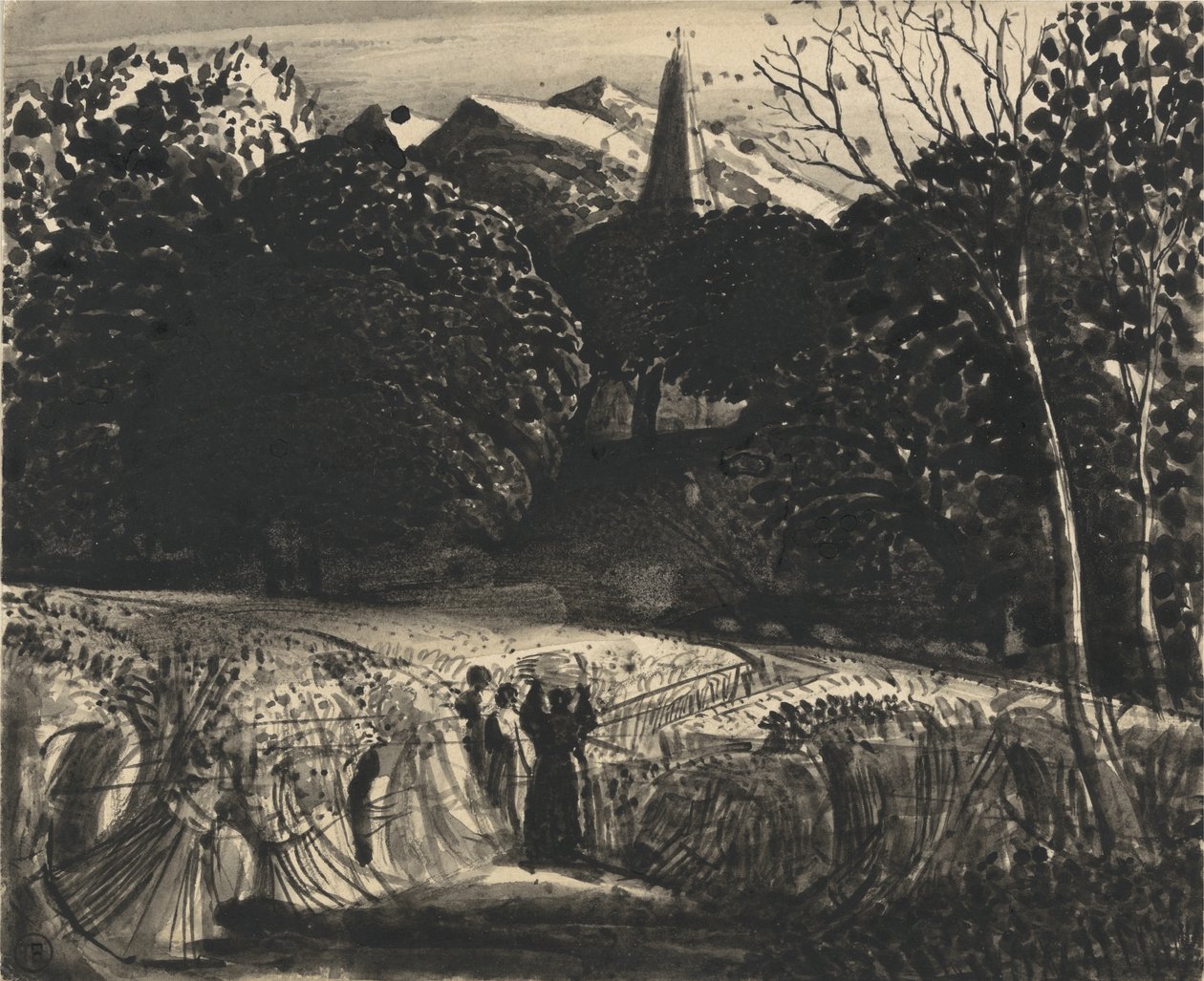 Cornfield and Church by Moonlight (pensel och svart bläck på papper) av Samuel Palmer