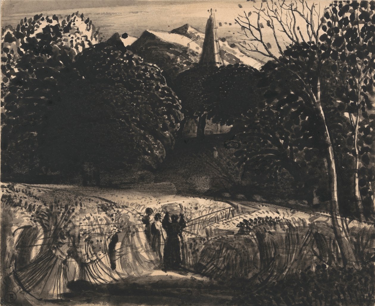 Cornfield och Church by Moonlight av Samuel Palmer