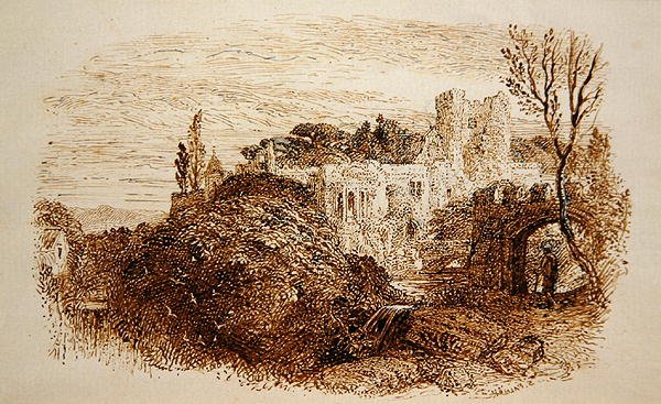 "Mark yon Old Mansion..." (penna & brunt bläck på papper) av Samuel Palmer