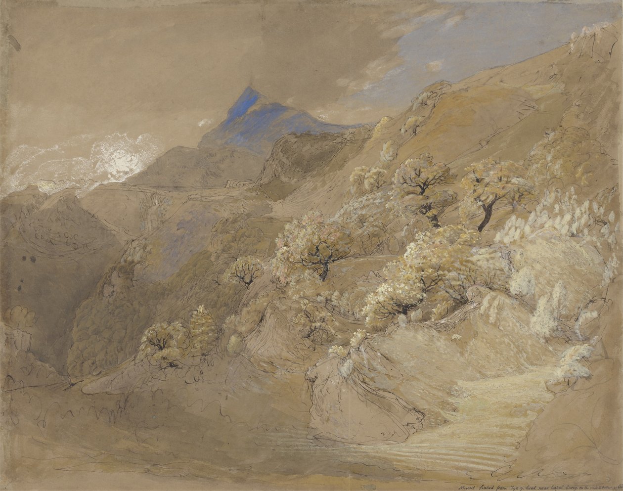 Mount Siabod från Tyn-y-Coed nära Capel Curig (penna & bläck, kroppsfärg och akvarell på papper) av Samuel Palmer