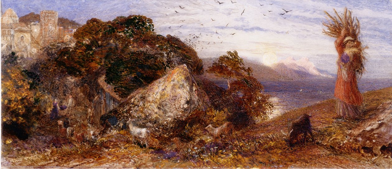 Rising Moon (kroppsfärg, penna och akvarell) av Samuel Palmer