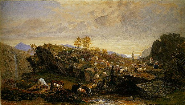 Rustik med får och getter i ett stenigt landskap (akvarell över penna förhöjd med gummi arabicum på papper) av Samuel Palmer