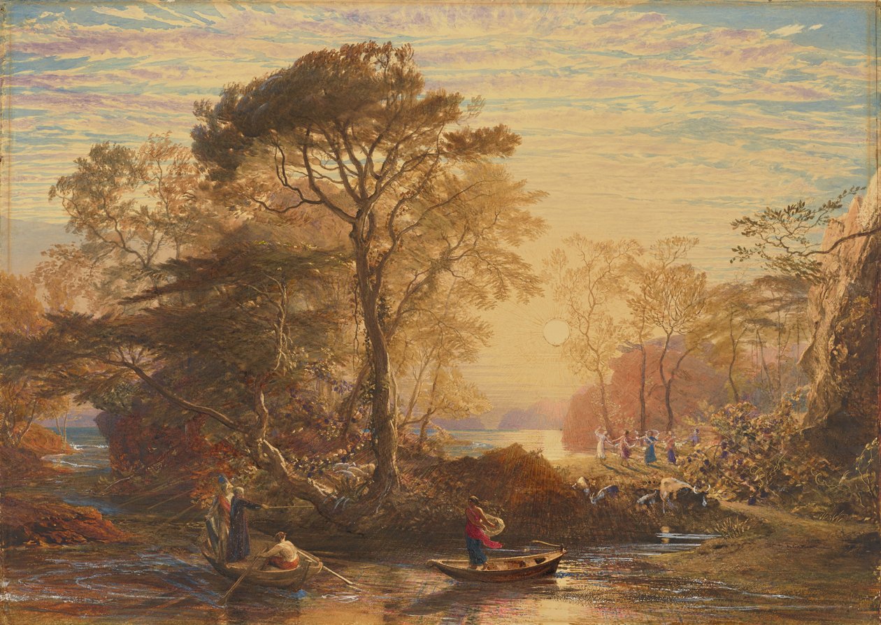 Sir Guyon med Palmer i följe, frestad av Phaedria att landa på de förtrollade öarna av Samuel Palmer
