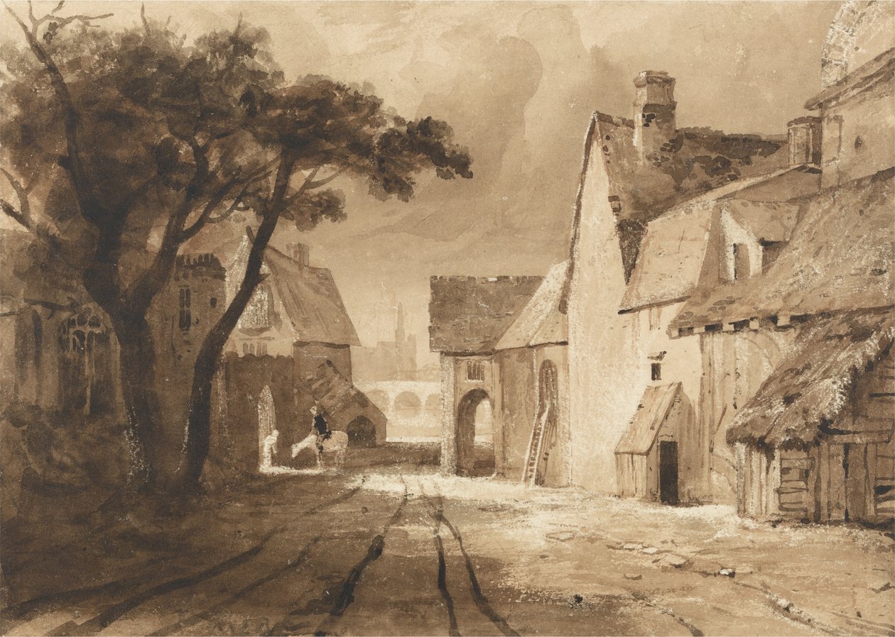 Studie av gamla byggnader (brunt bläck & skölj över grafit på papper) av Samuel Palmer