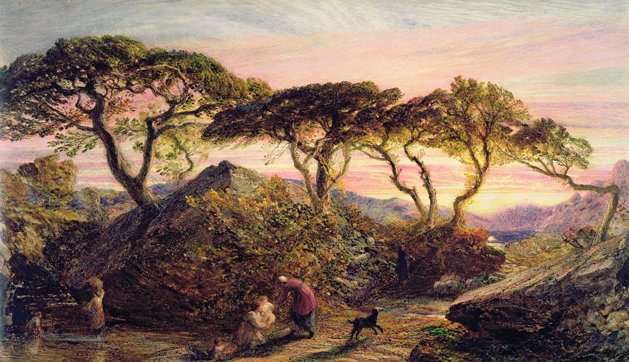 Solnedgång (akvarell och gouache på papper) av Samuel Palmer