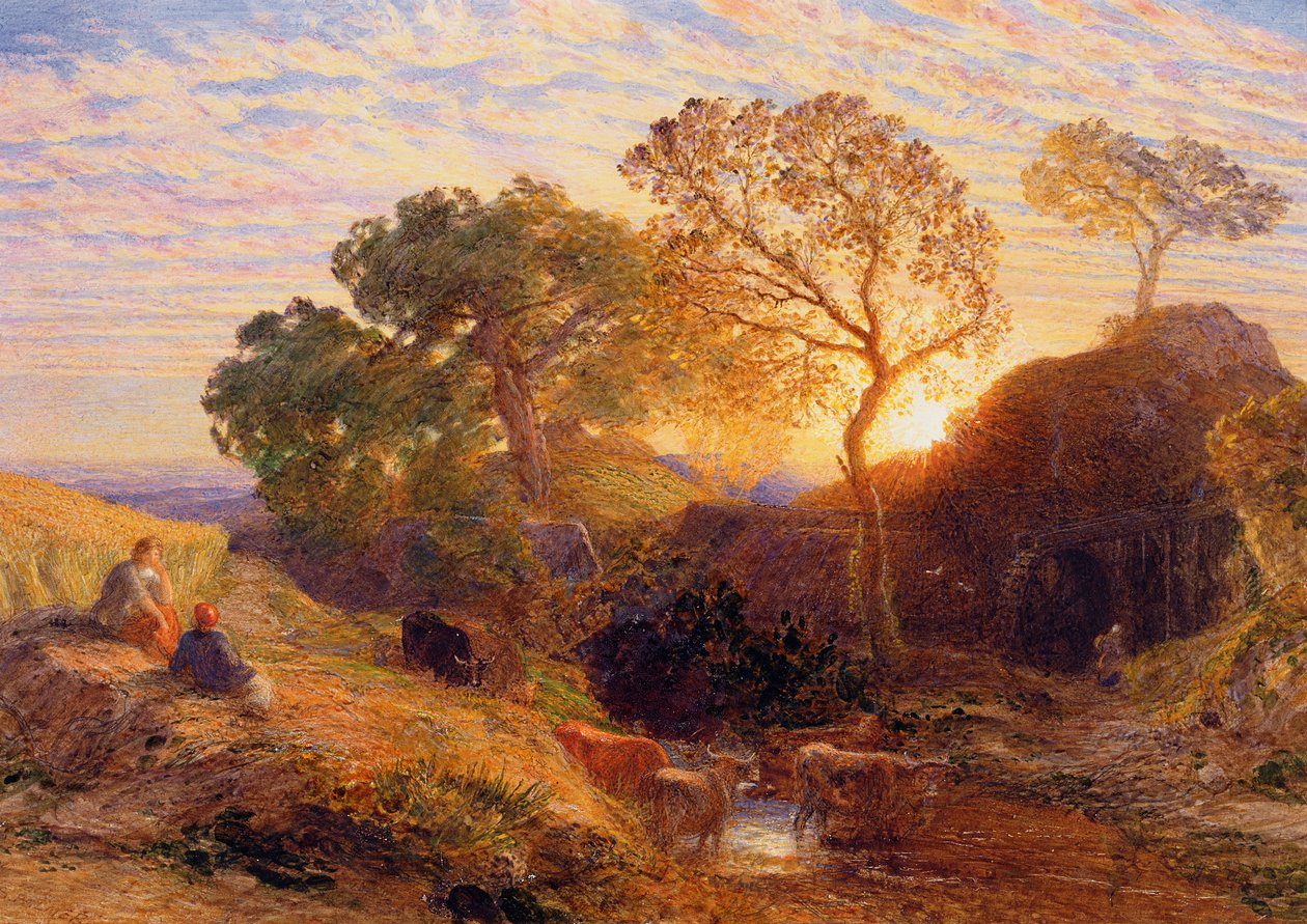 Solnedgång, ca 1861 (w/c, grafit, b/c och tuggummi på kort) av Samuel Palmer