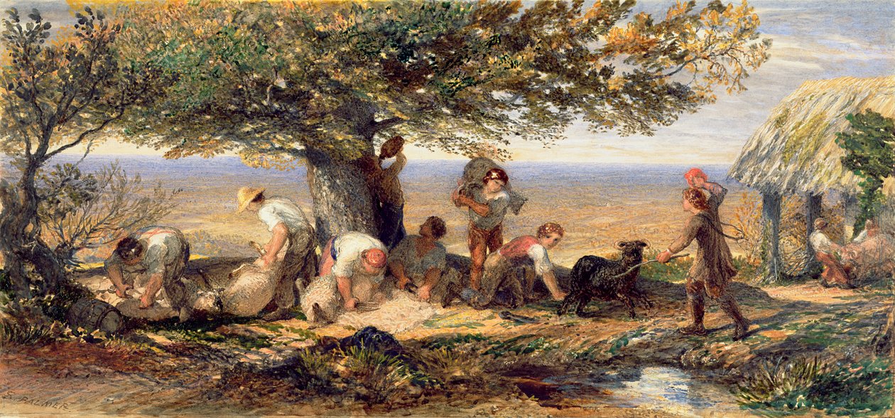 The Sheepshearers, ca 1863 (akvarell & kroppsfärg över spår av penna på papper) av Samuel Palmer