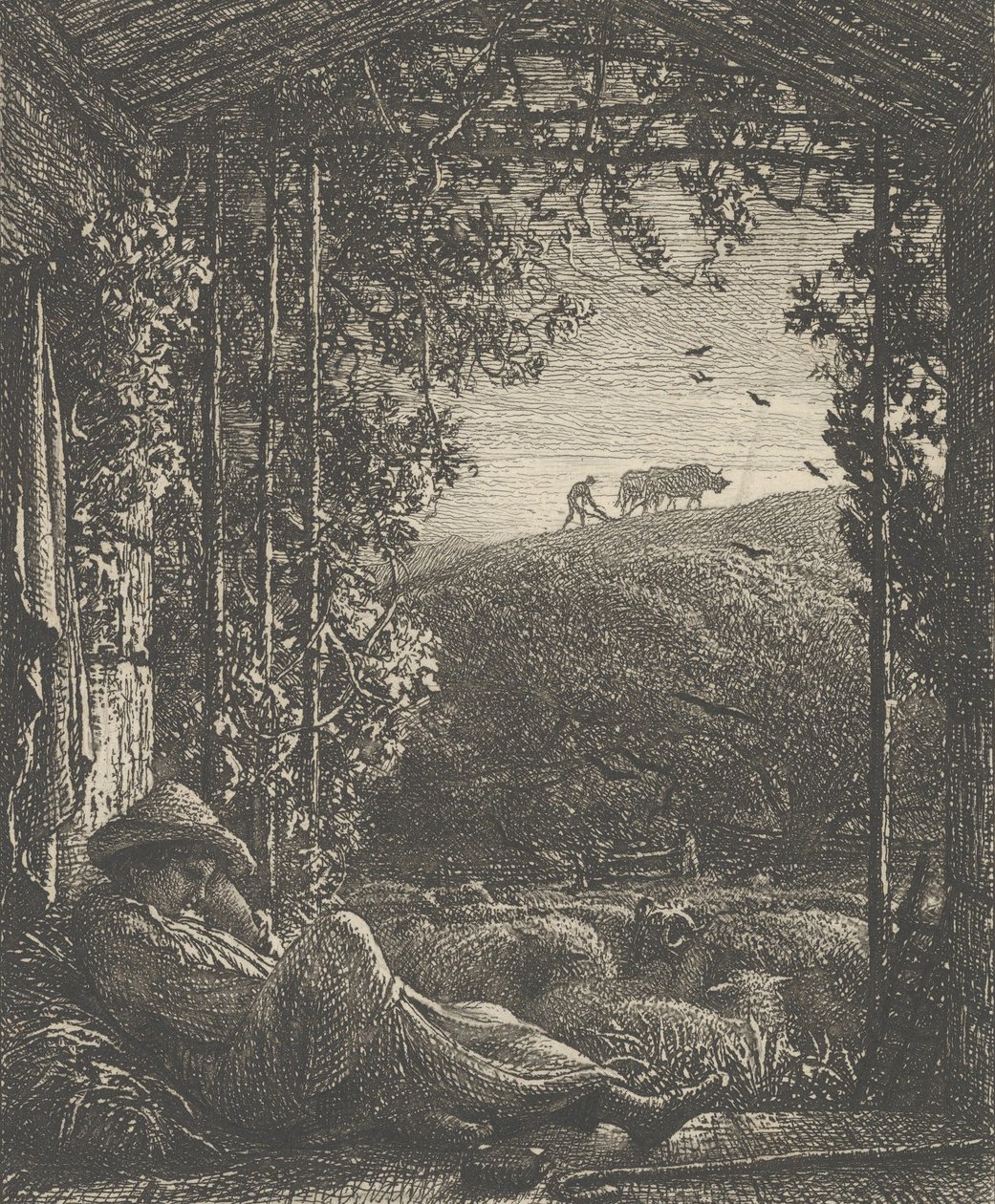 Den sovande herden, tidig morgon, 1857. av Samuel Palmer