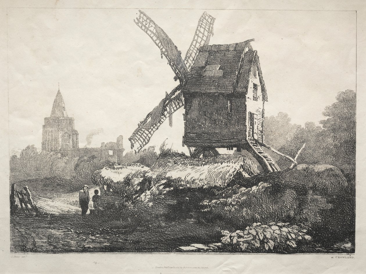 En serie gamla byggnader och lantliga stugor i norra England: At Crowland, Windmill, 182 av Samuel Prout