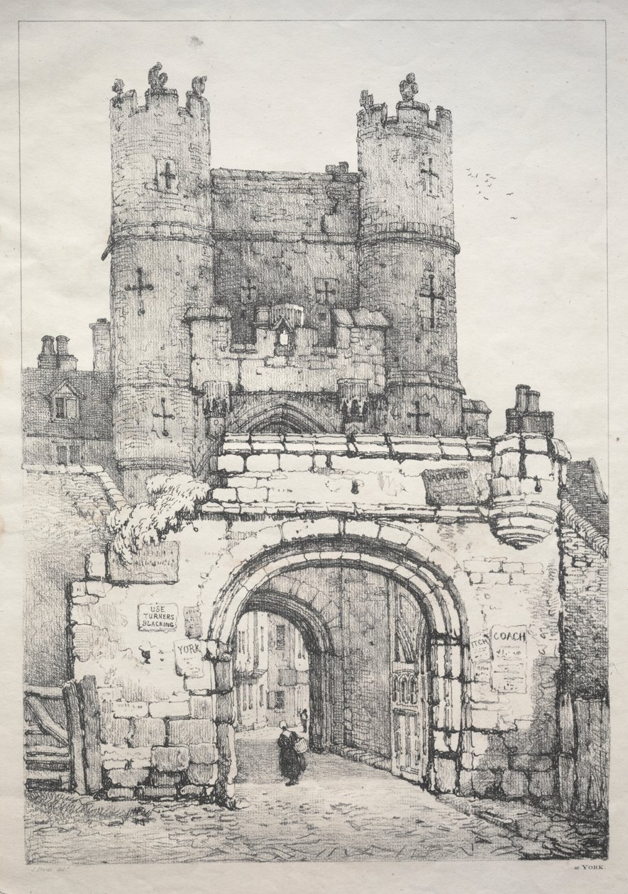 En serie gamla byggnader och lantliga stugor i norra England: Vid York, Medieval Gate av Samuel Prout