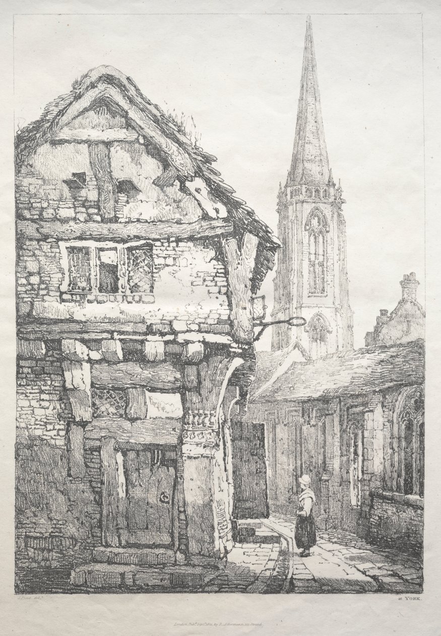 En serie gamla byggnader och lantliga stugor i norra England: På York, Street bredvid Cloister Wall av Samuel Prout