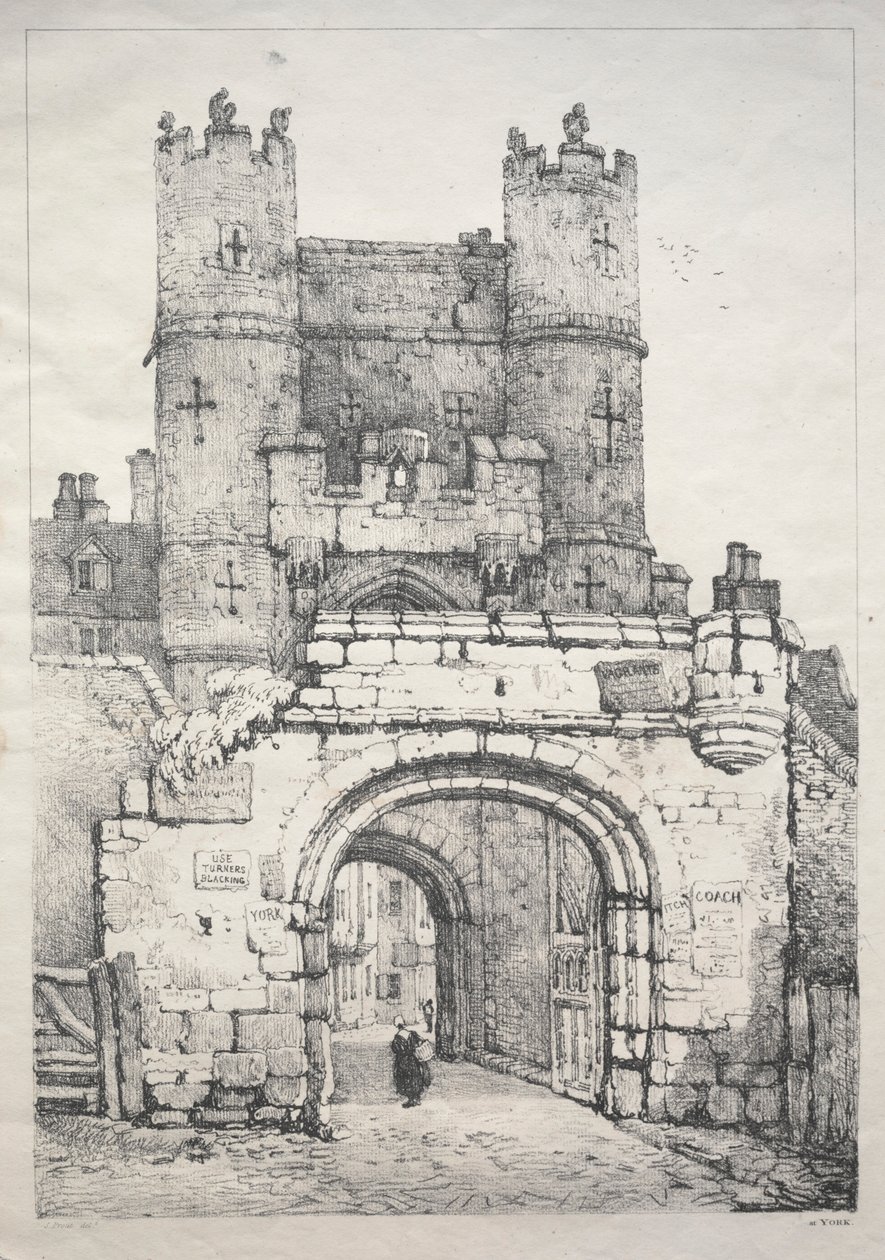 En serie gamla byggnader och lantliga stugor i norra England: At York, Medieval Gate, 18 av Samuel Prout