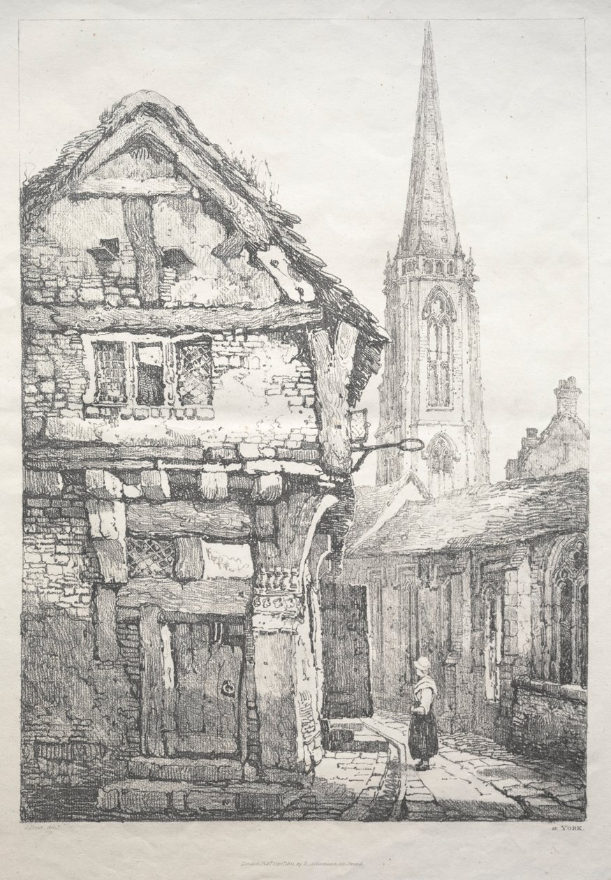 En serie gamla byggnader och lantliga stugor i norra England: At York, Street..., 1821. av Samuel Prout