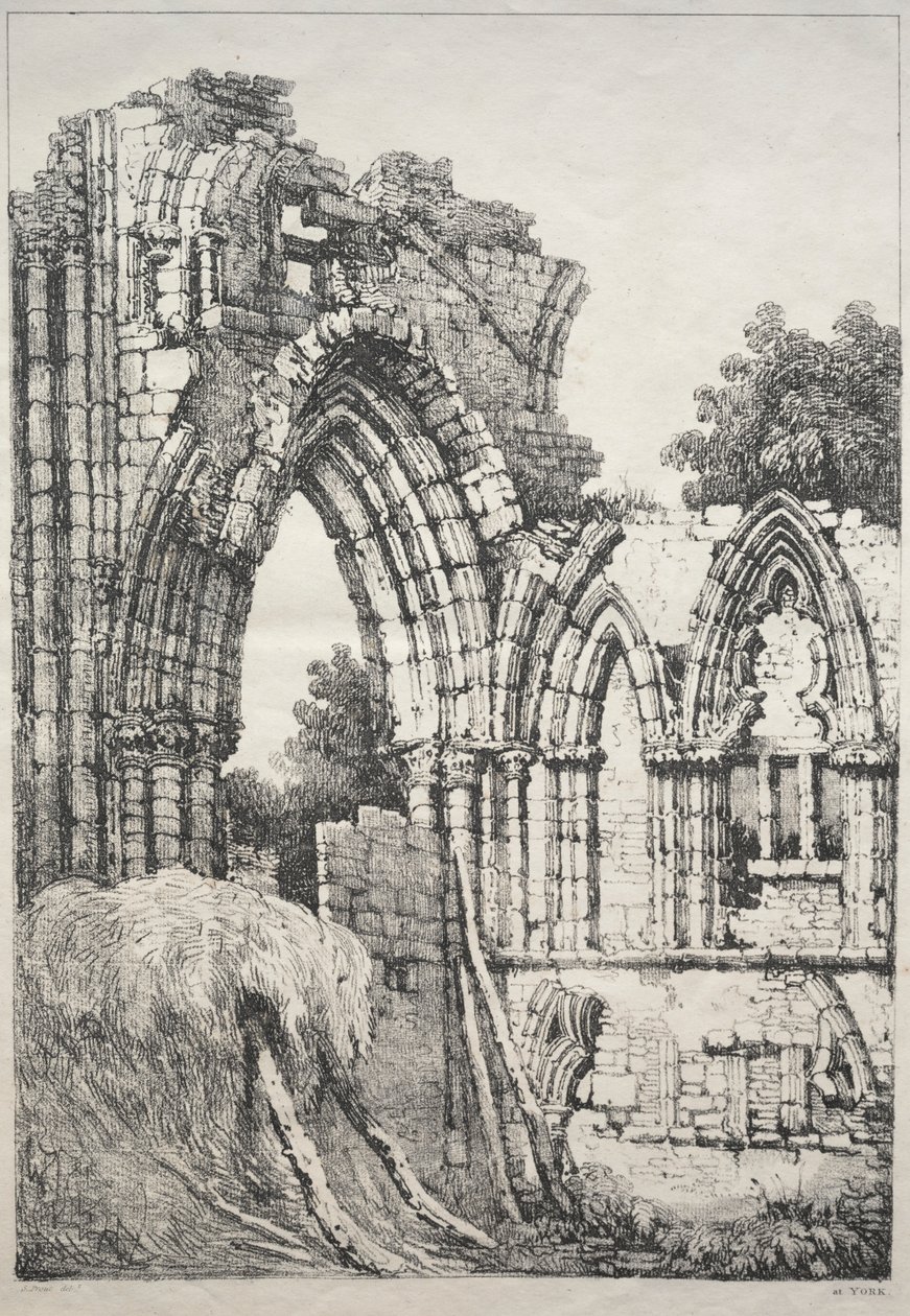 En serie gamla byggnader och lantliga stugor i norra England: At York, Ruins, 1821. av Samuel Prout