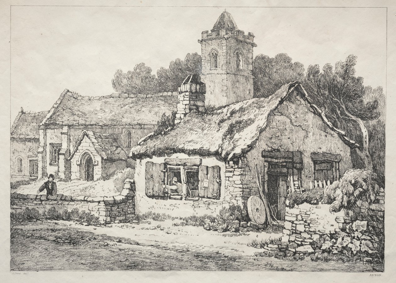 En serie gamla byggnader och lantliga stugor i norra England: Ayton, 1821. av Samuel Prout