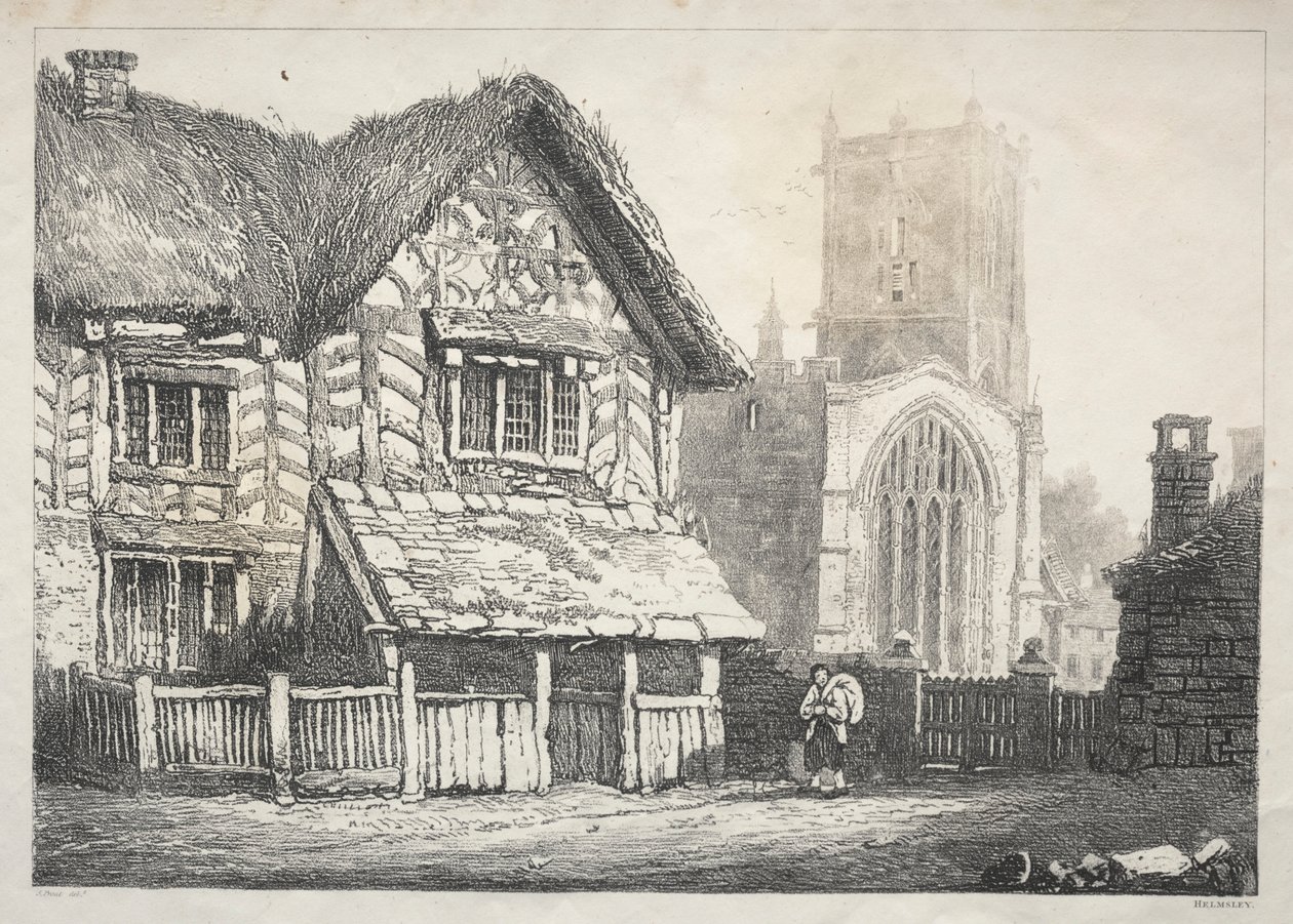 En serie gamla byggnader och lantliga stugor i norra England: Helmsley, 1821. av Samuel Prout