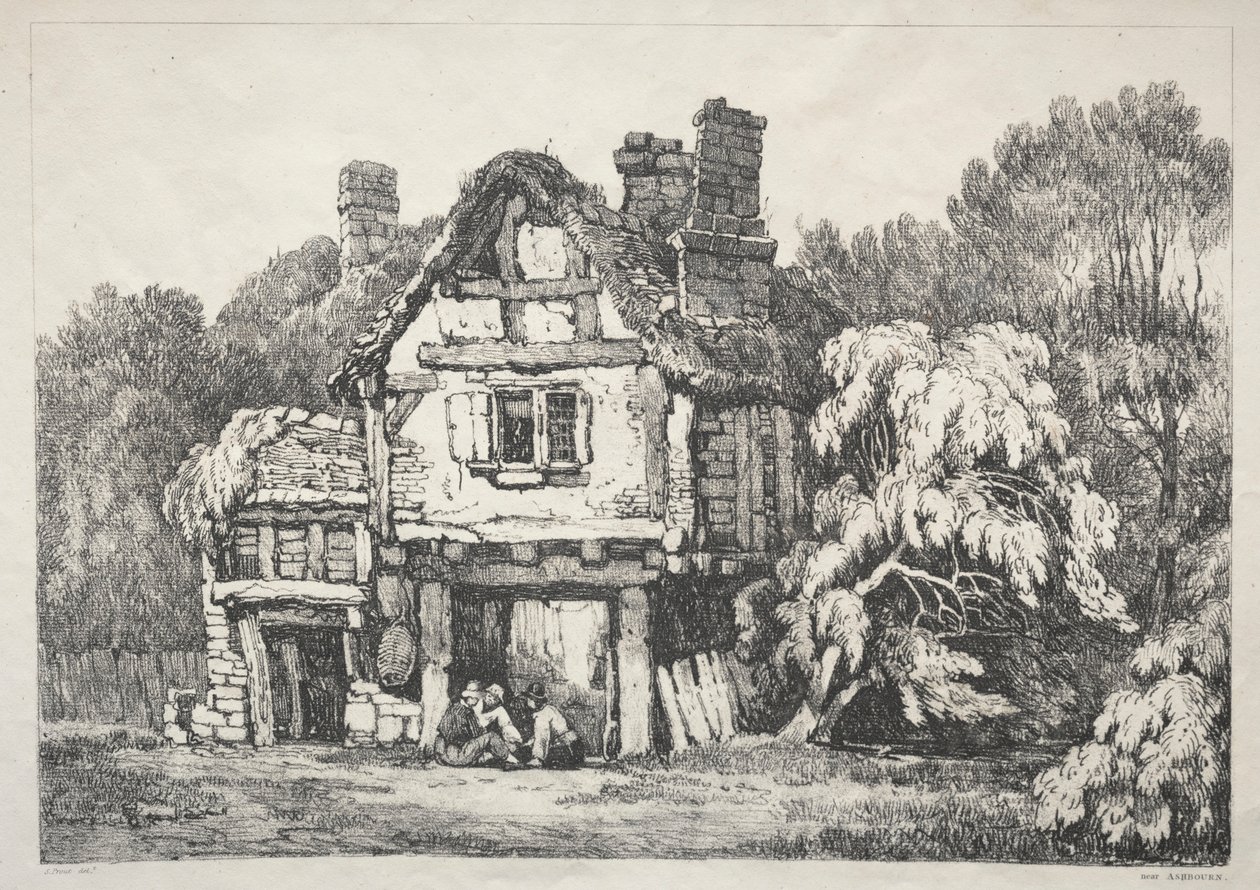 En serie gamla byggnader och lantliga stugor i norra England: nära Ashbourne, 1821. av Samuel Prout