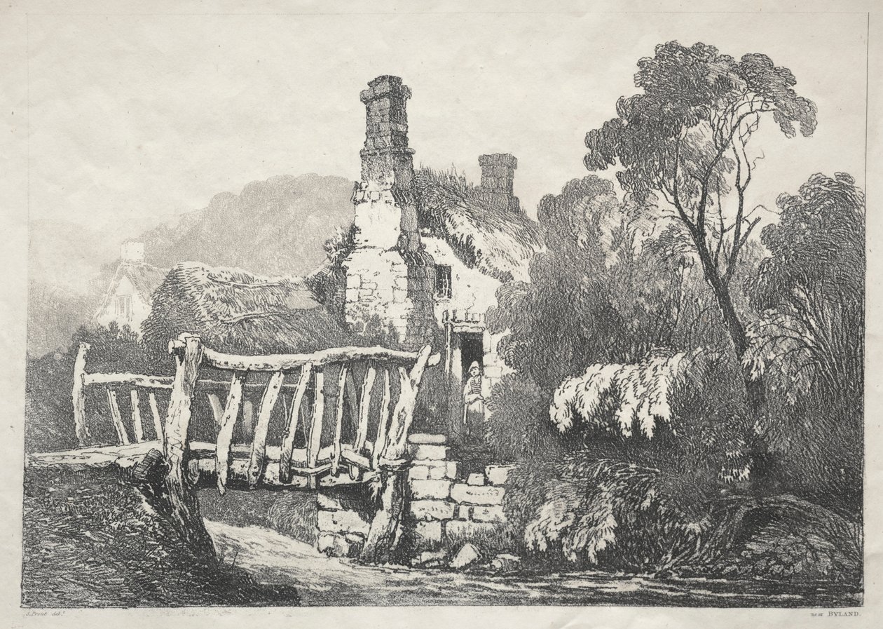 En serie gamla byggnader och lantliga stugor i norra England: Near Byland, 1821. av Samuel Prout