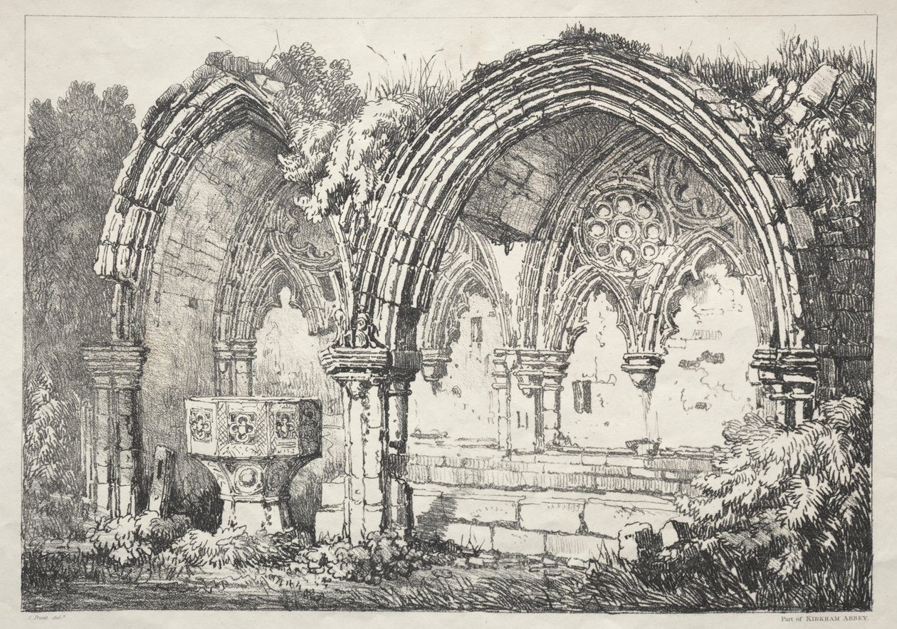 En serie gamla byggnader och lantliga stugor i norra England: En del av Kirkham Abbey av Samuel Prout