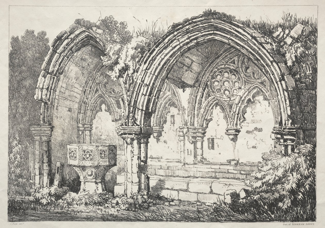 En serie gamla byggnader och lantliga stugor i norra England: Del av Kirkham Abbey, 182 av Samuel Prout