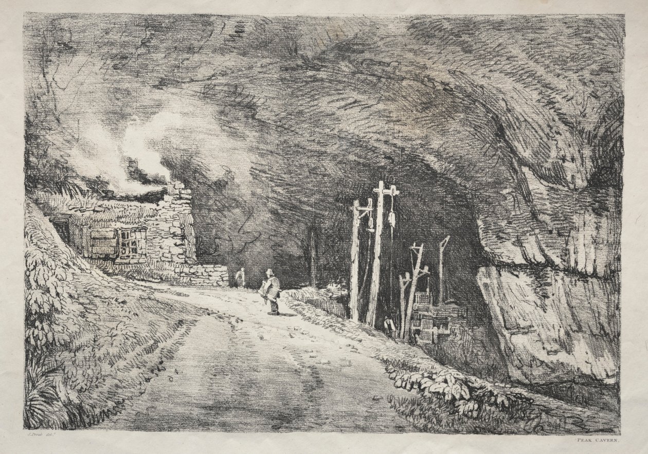 En serie gamla byggnader och lantliga stugor i norra England: Peak Cavern, 1821. av Samuel Prout
