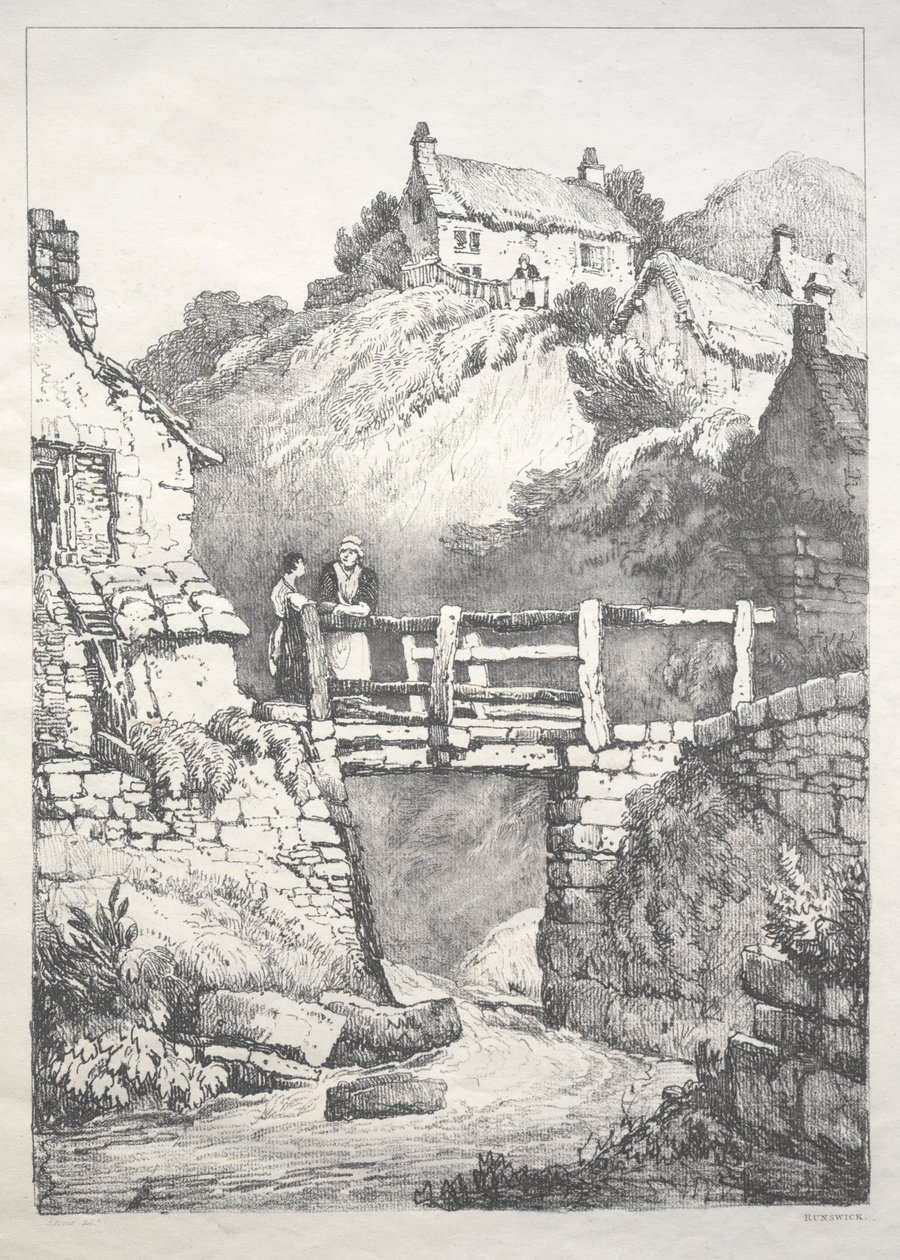 En serie gamla byggnader och lantliga stugor i norra England: Runswick, 1821. av Samuel Prout