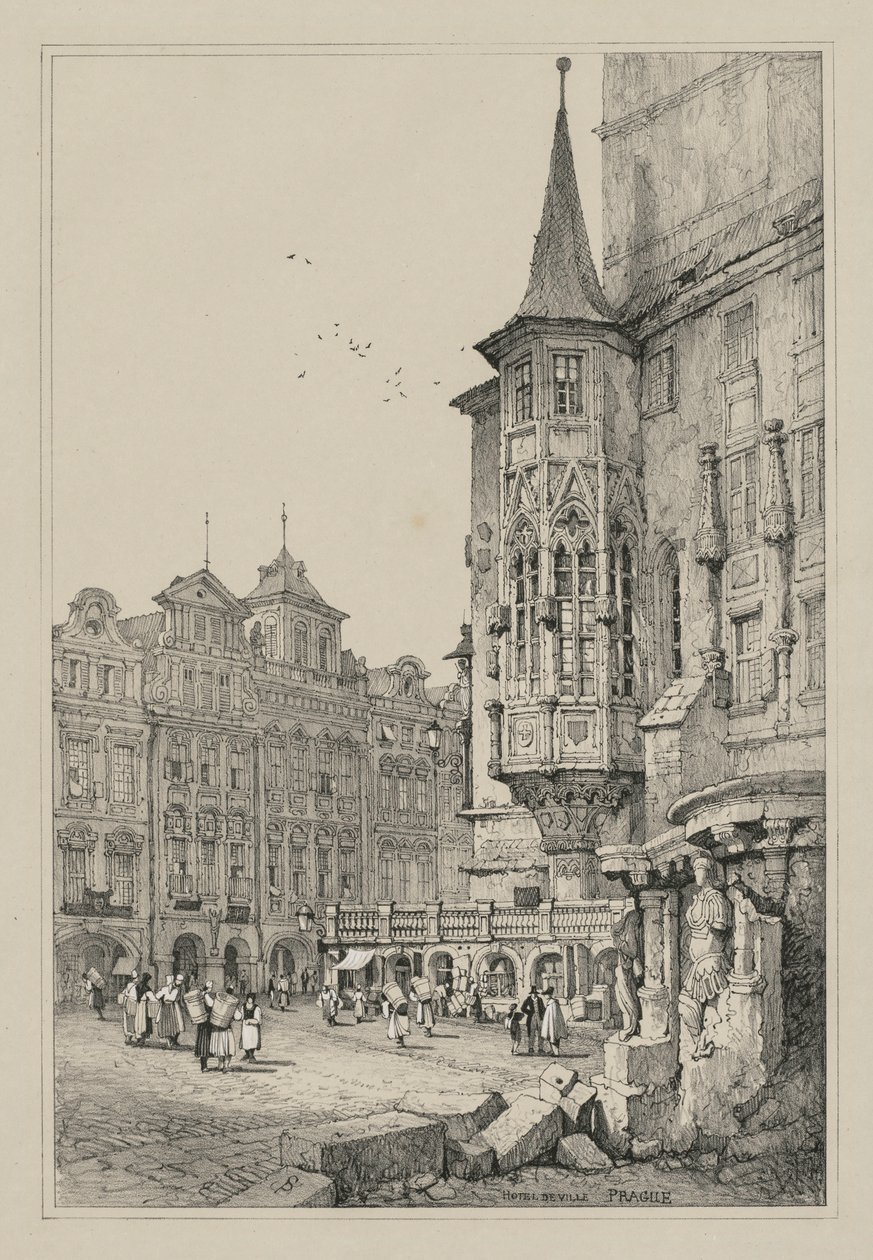 Facisimilies av skisser gjorda i Flandern och Tyskland: Hotel de Ville, Prag, 1833. av Samuel Prout