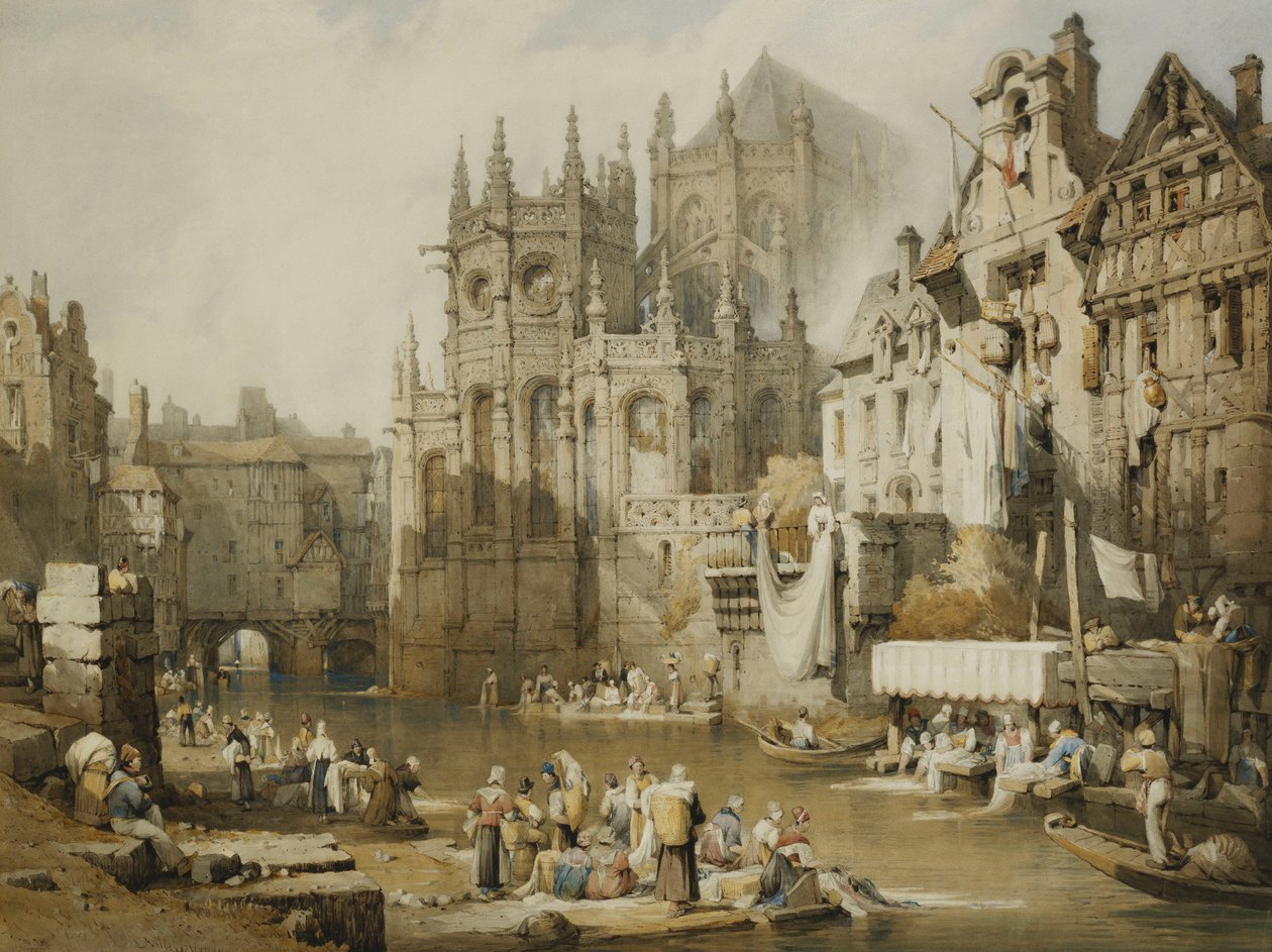Figurer på flodstranden vid St. Etienne, Caen, av Samuel Prout