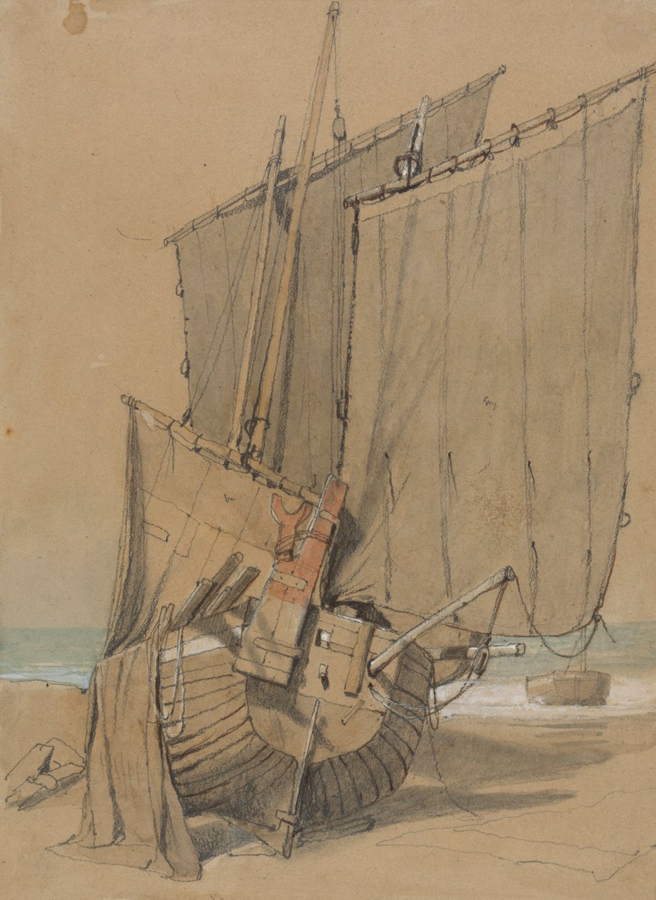 Fiskebåtar på stranden med segeltorkning av Samuel Prout