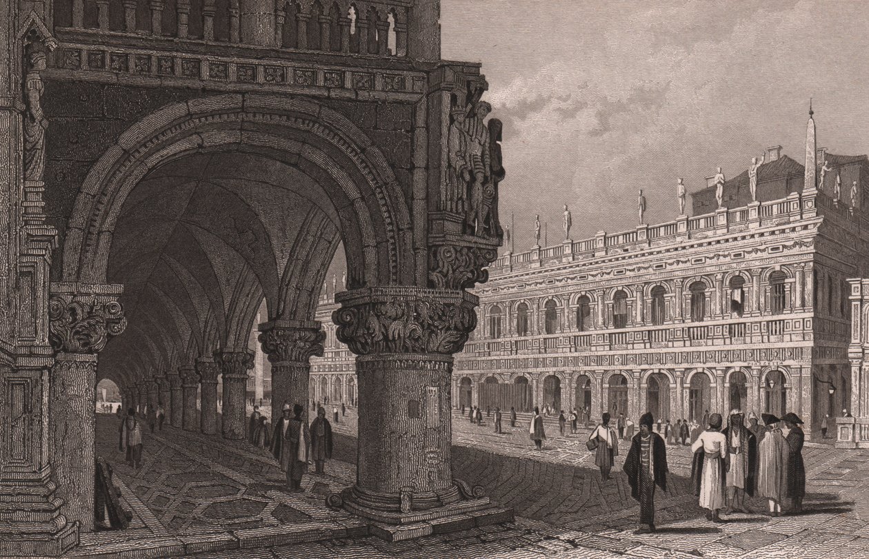 Förkortning av arkad av Dogepalatset (Palazzo Ducale) med utsikt över Markusplatsen och bibliotekspalatset, Venedig, Veneto, Italien, stålstick efter teckning av Samuel Prout (1783-1852), cirka 15x11,5 cm av Samuel Prout