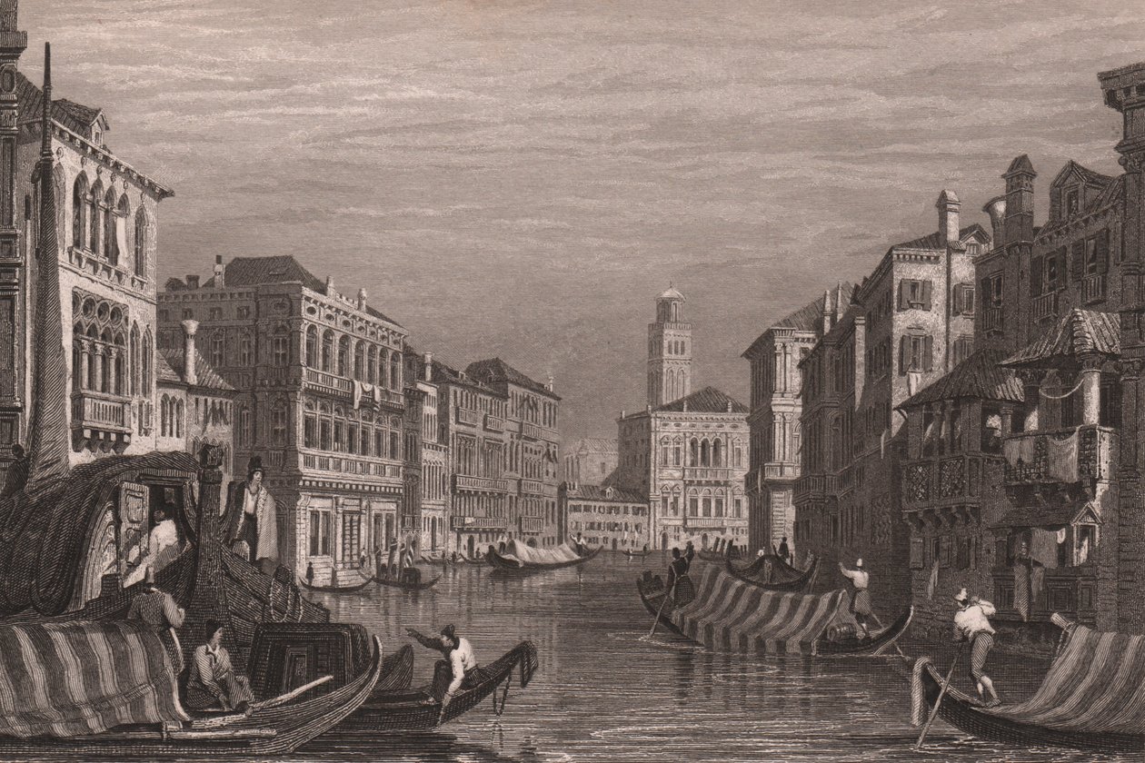 Gondoler på Canal Grande (Canal Grande), Venedig, Veneto, Italien, stålstick efter teckning av Samuel Prout (1783-1852), cirka 15x11,5 cm av Samuel Prout