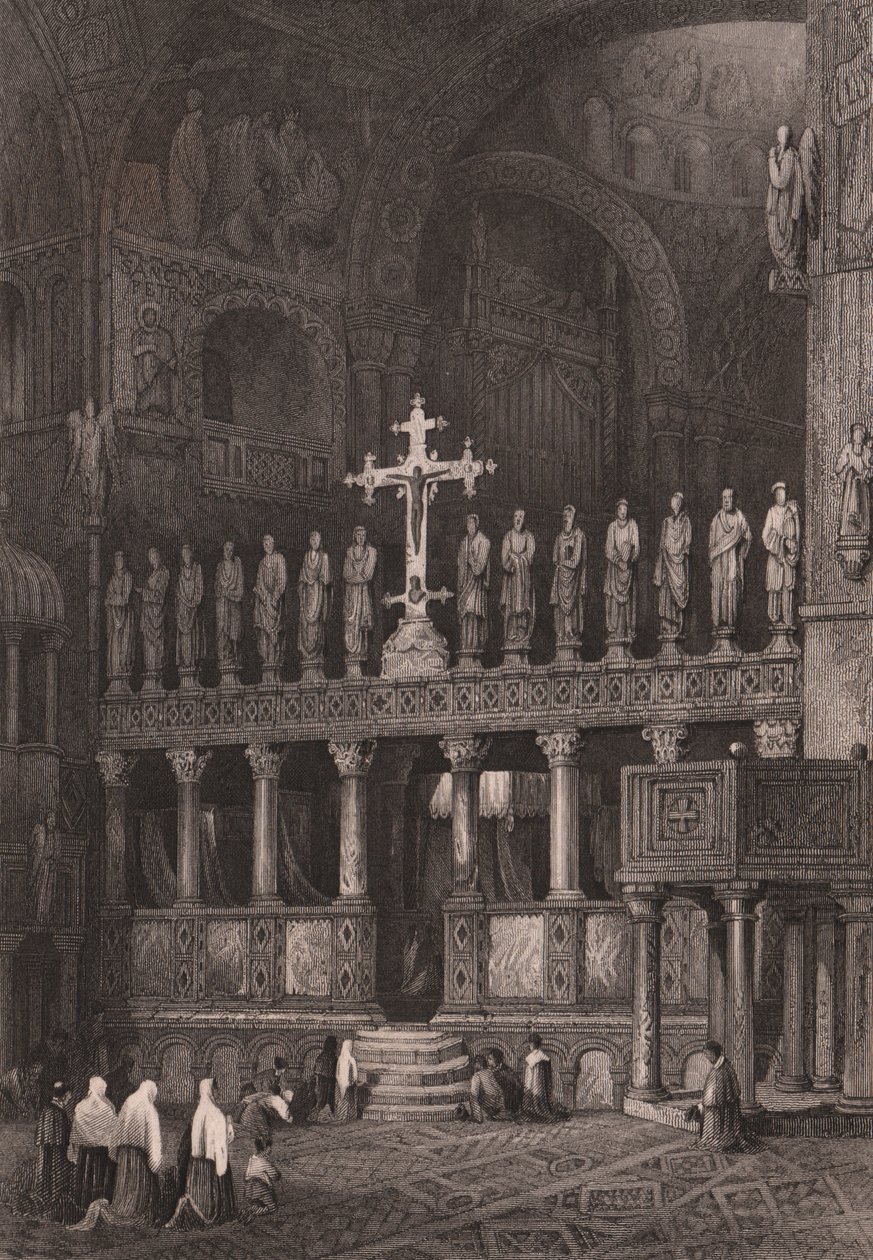 Ikonostas i Markuskyrkan (Basilica di San Marco), Venedig, Veneto, Italien, stålstick efter teckning av Samuel Prout (1783-1852), cirka 15x11,5 cm av Samuel Prout