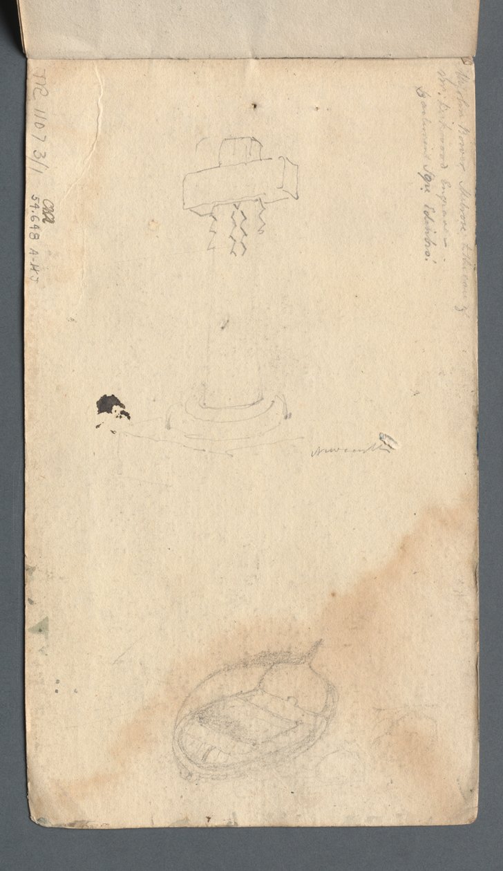 Skissbok: Studie av kors och roddbåt på baksidan, 1814. av Samuel Prout