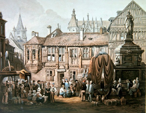 Hotel de Bourgtheroulde, Place de la Pucelle, Rouen, ca 1825 (färggravyr) av Samuel Prout