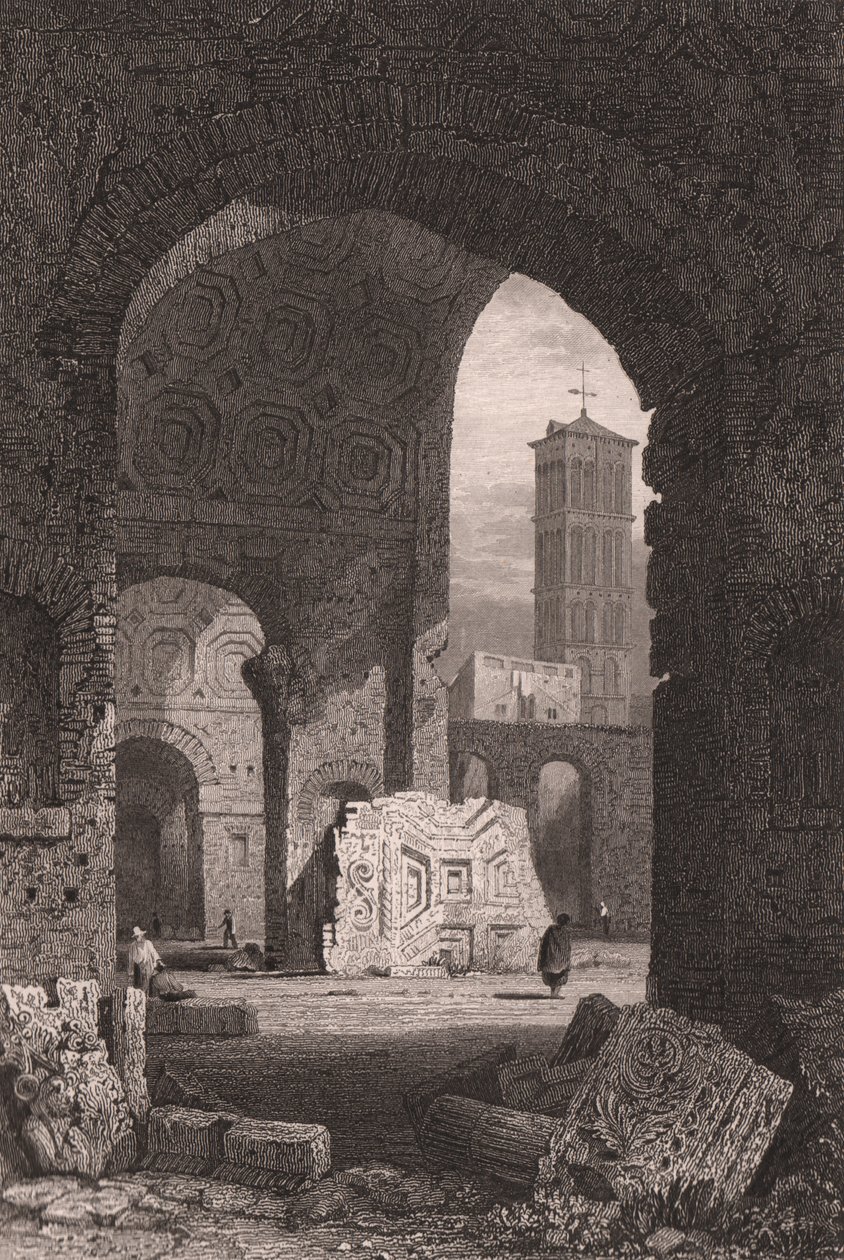 Fredens tempel eller Vespasianus forum, Rom, Lazio, Italien, stålstick från teckning av Samuel Prout (1783-1852), ca 15x115 cm av Samuel Prout