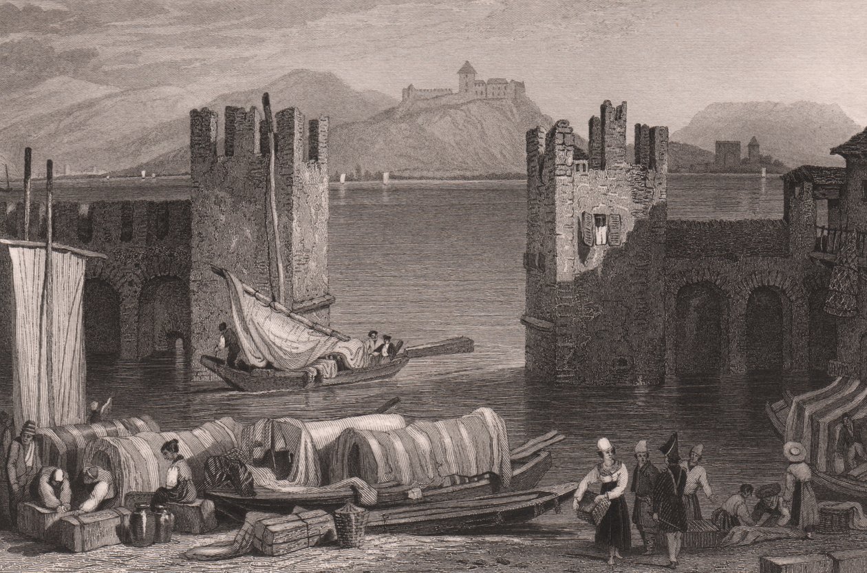Vy över slottet Angera i Arona, Lago Maggiore, Piemonte, Italien, stålstick från teckning av Samuel Prout (1783-1852), ca 16x11 cm av Samuel Prout